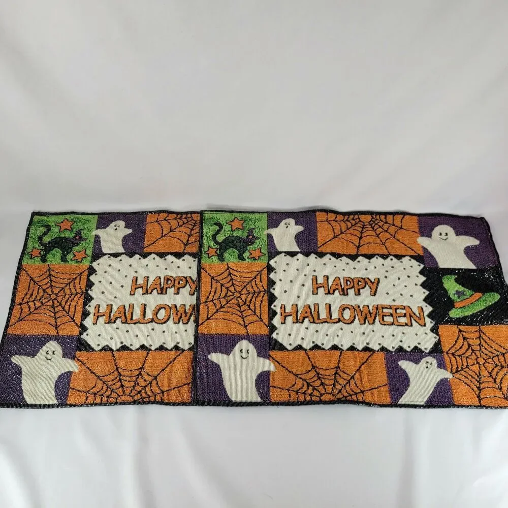 Vintage 90s Halloween Placemats Set of 2 Tapestry Woven Witchy Whimsigoth 2000s